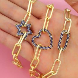 Charm Bracelets Blue Zirconia Geometric Bracelet Gold Color Heart Star Oval Bras CZ Carabiner Locket Jewerly DIY Chain Clasp