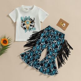 INS Infantas garotas de verão conjuntos de roupas fofas desenho animado de desenho animado de manga curta T-shirt Tassel Flare Pants 2pcs Terno de criança Princess Roupfits S2189