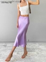 Skirts Mnealways18 Solid Purple Satin Silk Skirt Women High Waisted Summer Long Skirt New 2023 Elegant Ladies Office Skirts Midi Spring T230506