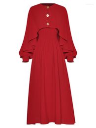 Casual Dresses Sweetsince 2023 Luxury Designer Spring Cloak Two Piece Dress Women's Long Sleeve Medium Length Red Ladies Chic Fashion