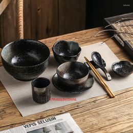 Bowls 7/10 PCS Ceramic Bowl Japanese Dinner Set Retro Black Matte Colour Restaurant Products Elware Tableware For Pot