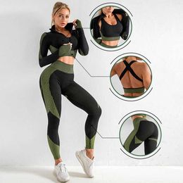 Women's Tracksuits CZGUKE Women 3pcs Seamless Workout Outfits Sets Yoga Sportswear Tracksuit Leggings and Stretch Sports Bra Fitness P230506