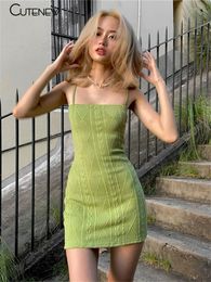 Casual Dresses Cute Summer Fashion Elegant Strap Mini Dress Women Solid Green Knit Casual Streetwear Stretch Slim Office Female Dresses 230505