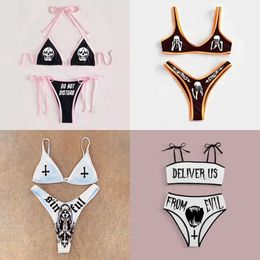 Women's Swimwear Punk Gothic Letters Print Bikinis Set Sexy Bikini 2023 Women Skull Pattern V-neck Swimwear Fashion Swimsuit Bathing Suit J230506