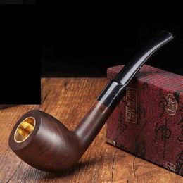 Solid black Wood Ebony Hand Tobacco Cigarette Smoking Pipe Metal Bowl Philtre Wooden Flower Patterns Tool Accessories 5 Styles