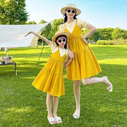 Family Matching Outfits 1 Pcs Parent-Child Clothes Summer Short Sleeve Dress Fashionable Solid Color Cotton Mother-Daughter Dresses 230506