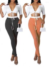 Women's Tracksuits 2 Piece Set Summer Women Outfits Casual Houndstooth Print V-Neck Tie Crop Top And Pencil Pants Matching Sexy Suit Street