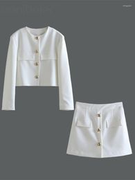 Women's Tracksuits Aonibeier Spring Women White Blazer Suits Vintage Long Sleeve Metal Buttons Crop Top Skorts Shorts Female 2 Piece