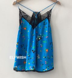 Camisoles Tanks Womens Blue Floral Printed Strappy Camisole Vest Top V-neck Black Lace Embroidered Fashion Tank 230506