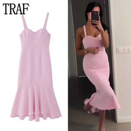 Casual Dresses TRAF Pink Ruffle Slip Dress Woman Asymmetric Long Dress Women Wide Straps Corset Dresses for Women Summer Backless Midi Dress Z0506