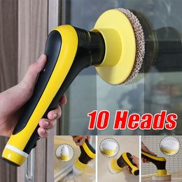 Cleaning Brushes Electric Brush Kit Wireless Spin Scrubber with 10 Heads Adjustable Telescopic Rod for Bathroom Kitchen Floor 230505