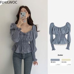 Women s Blouses Shirts Chic Korea Off Shoulder Tops Blusa Spring Solid Color Bow Tie Slim Waist A Line Belly Peplum Short 230506