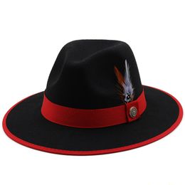 Edging Solid Colour Feather Ribbon Felt Fedora Hats Men Party Fashion Flat Brim Fascinators Jazz Top Hat for Women Elegant