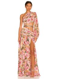 Casual Dresses Summer Floral Print One Shoulder Maxi Dress Sexy Diagonal Neck Long Sleeve Hollow Out Chain Split Long Dress Evening Party Dress Z0506