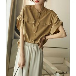 Women's Blouses Shirt Women Fashion 2023 Safari Style Literature Solid O-Neck Single-Breasted Big Pockets Stretch Mulberry Silk Tops