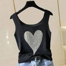 Camisoles Tanks Summer Tops Knitted Vest Women O Collar Sleeveless Camisole Top Sequins Tank Corset Top For Women Sexy Elastic Cotton Camis 230506