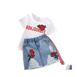 Kleidung Sets Kinder Designerkleidung Mädchen Outfits Kinder Rose Bestickte Topaddhole Denim Röcke 2 Teile / satz 2021 Sommer Boutique Ba Dhxwg