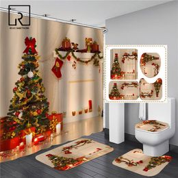 Curtains Christmas Trees Printed Shower Curtains for Bathroom Bathing Screen with Antislip Mat Carpet Toilet Partition 3D Festival Decor