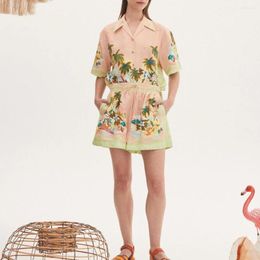 Casual Dresses Summer Coconut Tree Beach Print Women Linen Set Simple Shirt Tops High Waist Lace-up Shorts