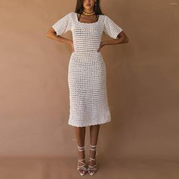 Casual Dresses Women Crochet Swim Beach Cover Up Dress Solid Color Short Sleeve Mini Square Collar Hollow Out White Long Maxi Beachwear