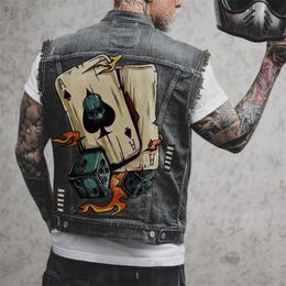 Men's Vests Mens Motorcycle Skull Print Hip Hop Punk Rock Biker Denim Waistcoat Hole Ripped Cotton Sleevless Jean Jacket Coat 230506