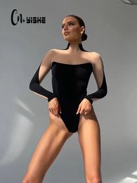 Women's Jumpsuits Rompers CNYISHE Sexy See Through Mesh Bodysuits Fashion Rompers Woman Jumpsuits Regular O-Neck Long Sleeve Patchwork Slim Skinny Rompers 230505