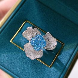 Big Flower Aquamarine Diamond Ring 100% Real Sterling Sier Party Wedding Band Rings for Women Bridal Promise Jewellery Gift