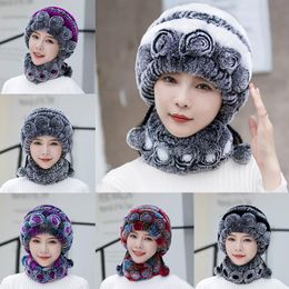 Beanies Beanie/Skull Caps Women Plush Faux Fur Hats Scarf Sets Winter Autumn Thicken Warm Hat Colorful Flowers Soft Windproof Snowproof Suit