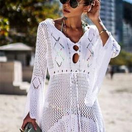 Women's Swimwear 2023 Summer Women Beachwear Sexy White Crochet Tunic Beach Wrap Dress Woman Swimsuit Coverups Bikini Cover Up Q719 230505