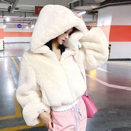 Women's Fur & Faux Rimocy 2023 Women Coat With Hood Fashion High Waist Plush Short Coats Woman Black White Long Sleeve Jacket Ladies