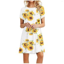 Casual Dresses Fashion Women Short Sleeve Dress Sunflower Printed O Neck Ladies Loose 2023 Summer Leisure Comfy