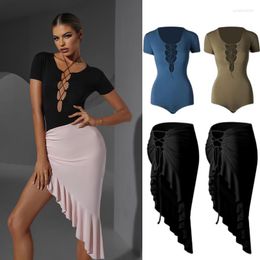 Stage Wear 2023 Sexy Latin Dance Competition Costume Women Halter Deep V Tops Irregular Drawstring Skirt Practise Clothing SL8344