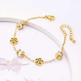 Charm Bracelets Titanium Steel Gold Plating Camellia Beads Bracelet For Women Zircon Adjustable Flower Jewelry Gift Z532