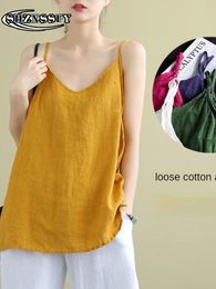 Camisoles Tanks Women's Tops Spaghetti Strap Camis Cotton Linen V Neck Loose Tank Tops Sleeveless Linens Loose Casual Women Summer Camisole 230506