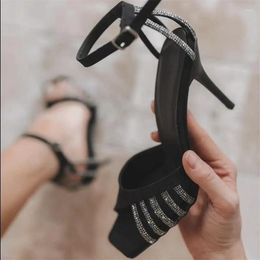 Sandals 2023 Summer Large Size Women's Shoes Square Toe Fine Heel Ladies Rhinestone High-heeled Female Black