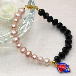 Charm Bracelets Natural Orange Pearl Beads 8-9mm Charms Cloisonne Black Crystal Women Unique Diy Jewellery 7.5inch B2986