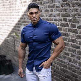 Men's Casual Shirts Men Fashion Casual Short Sleeve Solid Shirt Super Slim Fit Male Social Business Dress Shirt Brand Men Fitness Sports Clothing 230506