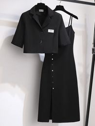 Two Piece Dress High Street Blazer Skirt Sets Women SS Oversize Office Lady Elegant Short Suit Jacket Split Suspender Dress 2pcs Setsingle 230505