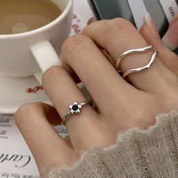 unique engagement rings couple rings Light luxury niche design sterling silver black zircon wavy ins ring female simple personality index ring student ring