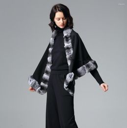 Scarves Women Cashmere Shawl With Natural Rex Fur Trim Chinchilla Colour Fashion Design Real Capes Lady Luxury Poncho