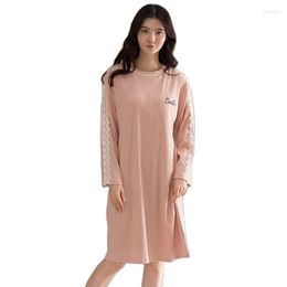 Women's Sleepwear Autumn Women Nightgown Knitted Cotton Nightdress Long Sleeve Round Neck Casual Soft Female Sleepdress With Chest Pad