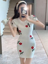 Party Dresses 2023 Elegant Sweet Rose Embroidered Knit Mini Dress Women Short Sleeve Sexy Hollow Out Slim Bodycon Vestidos