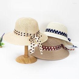 Wide Brim Hats 2023 Summer Ladies Sun Protection With Ribbon Hollow Out Breathable Round Top Outdoor Bucket Lafite Straw Cap Hat For Women