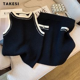 Women's Two Piece Pants Sexy Elegant Knitted Sets Bodycon Mini Skirt Suits O neckTank Top Vest Korean Casual Knitwear Summer Suit 230506