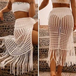 Skirts Women Summer Fish Net Swimsuit Wrap Sheer Maxi Sarong Swimwear Sexy Hollow Out Mesh Tassle Skirts Beach Cover Up T230506