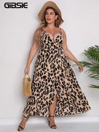 Plus size Dresses GIBSIE Plus Size Surplice Neck Leopard Print Cami Dress Women Summer Sexy Casual High Waist Streetwear Long Maxi Dresses 230506