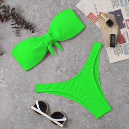 Women's Swimwear 2023 2-piece Set Sexy Bikini Swimsuit Women Beach Thong Bathing Suit Solid Micro Strapless Push UP Low Waist GREEN