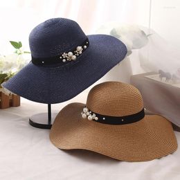 Wide Brim Hats HT1163 High Quality Summer Sun For Women Solid Large Brimmed Black White Floppy With Pearls Ladies Beach Hat