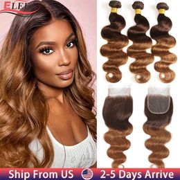Hair pieces Ombre Body Wave Bundles With Closure Brazilian Human Weave T4 30 Coloured Lace 230505