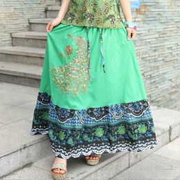 Skirts 2023 Bohemian Spring And Summer Female Casual Green Cotton Cute Floral Stitching Peacock Pattern Women Maxi Beach Skirt